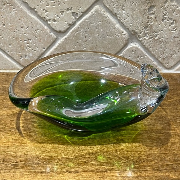 VINTAGE ITALIAN HAND BLOWN ART GLASS CLEAR & LIME GREEN BOWL - Picture 4 of 10